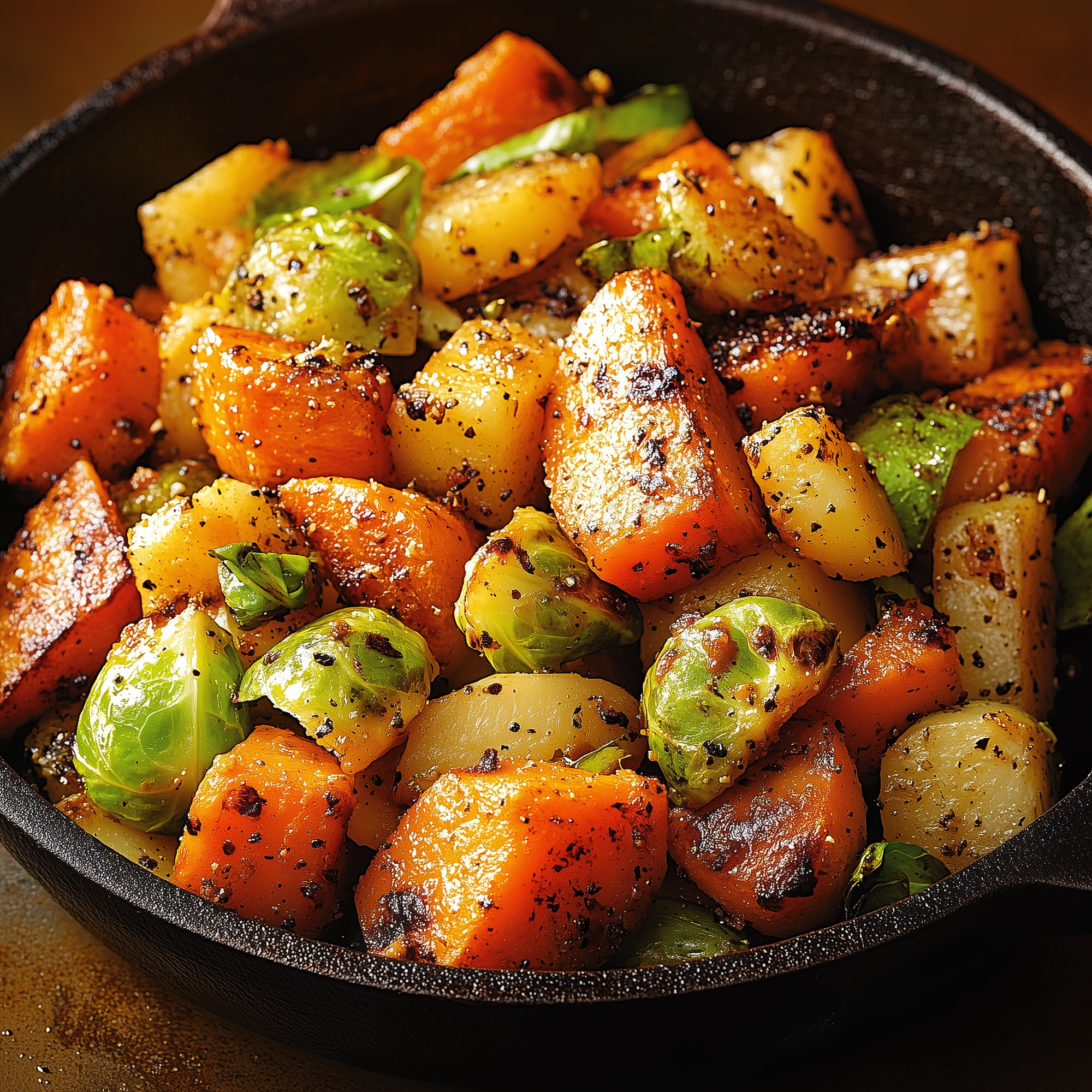 PoulTree Roasted Root Vegetables and Brussels Sprouts with Chicken Drippings