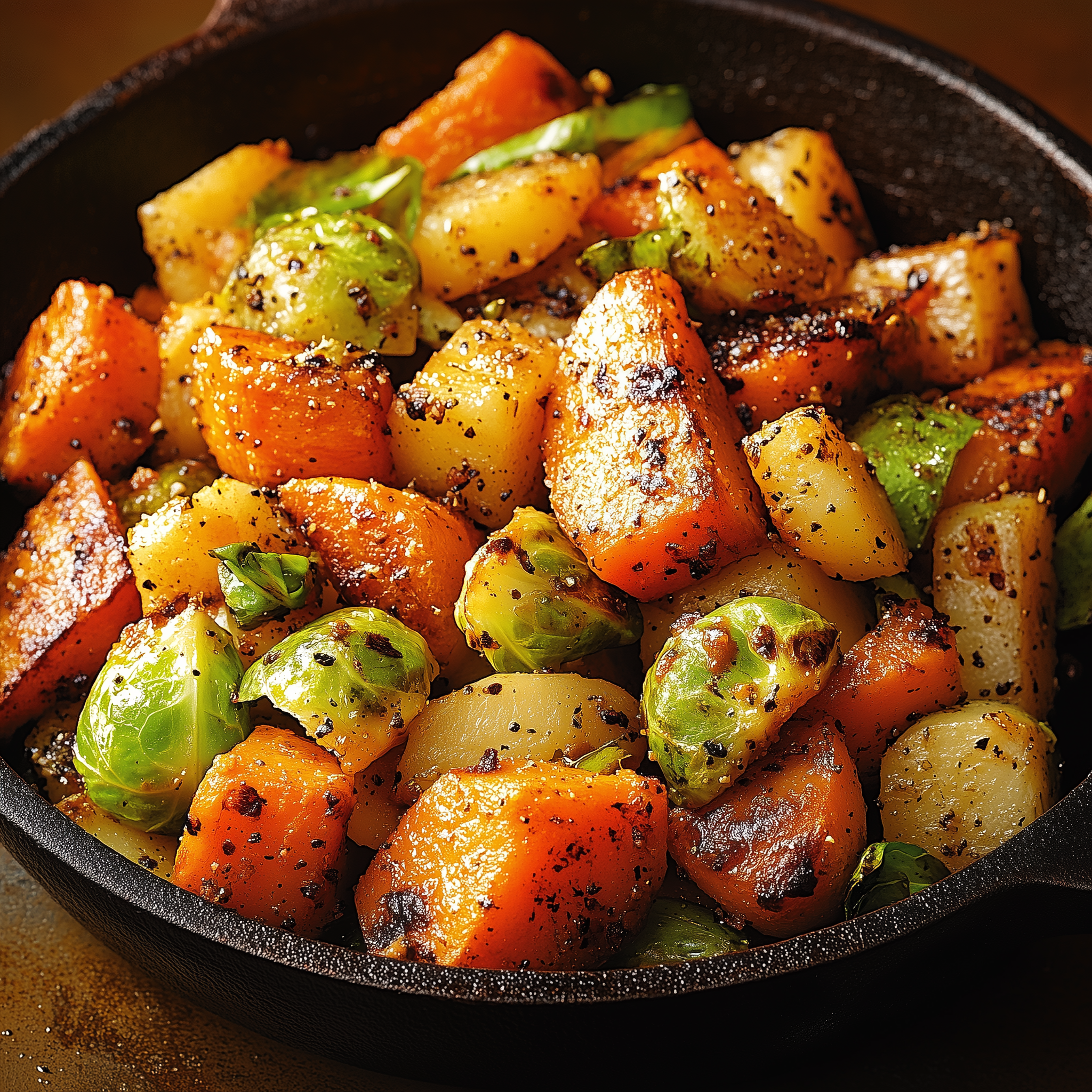 PoulTree Roasted Root Vegetables and Brussels Sprouts with Chicken Drippings