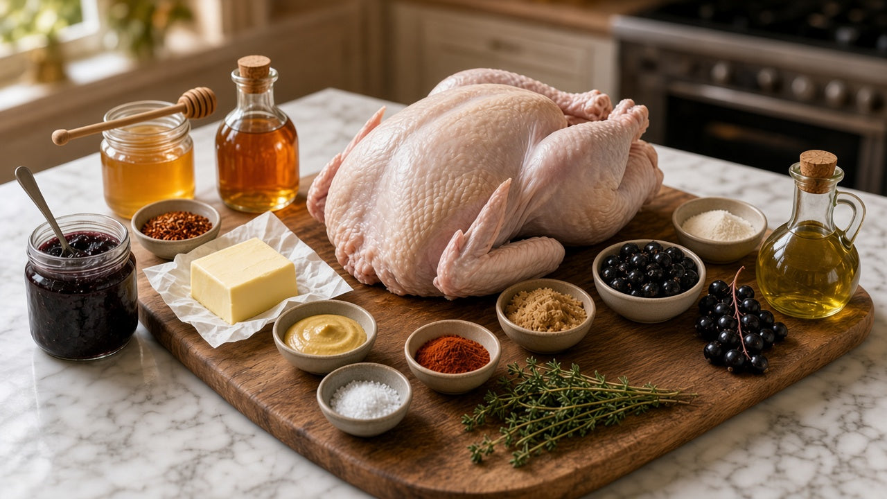 Raw turkey on a marble kitchen island surrounded by black currant jam, honey, chile flakes, butter, thyme and fresh black currants for a black currant hot honey glazed turkey