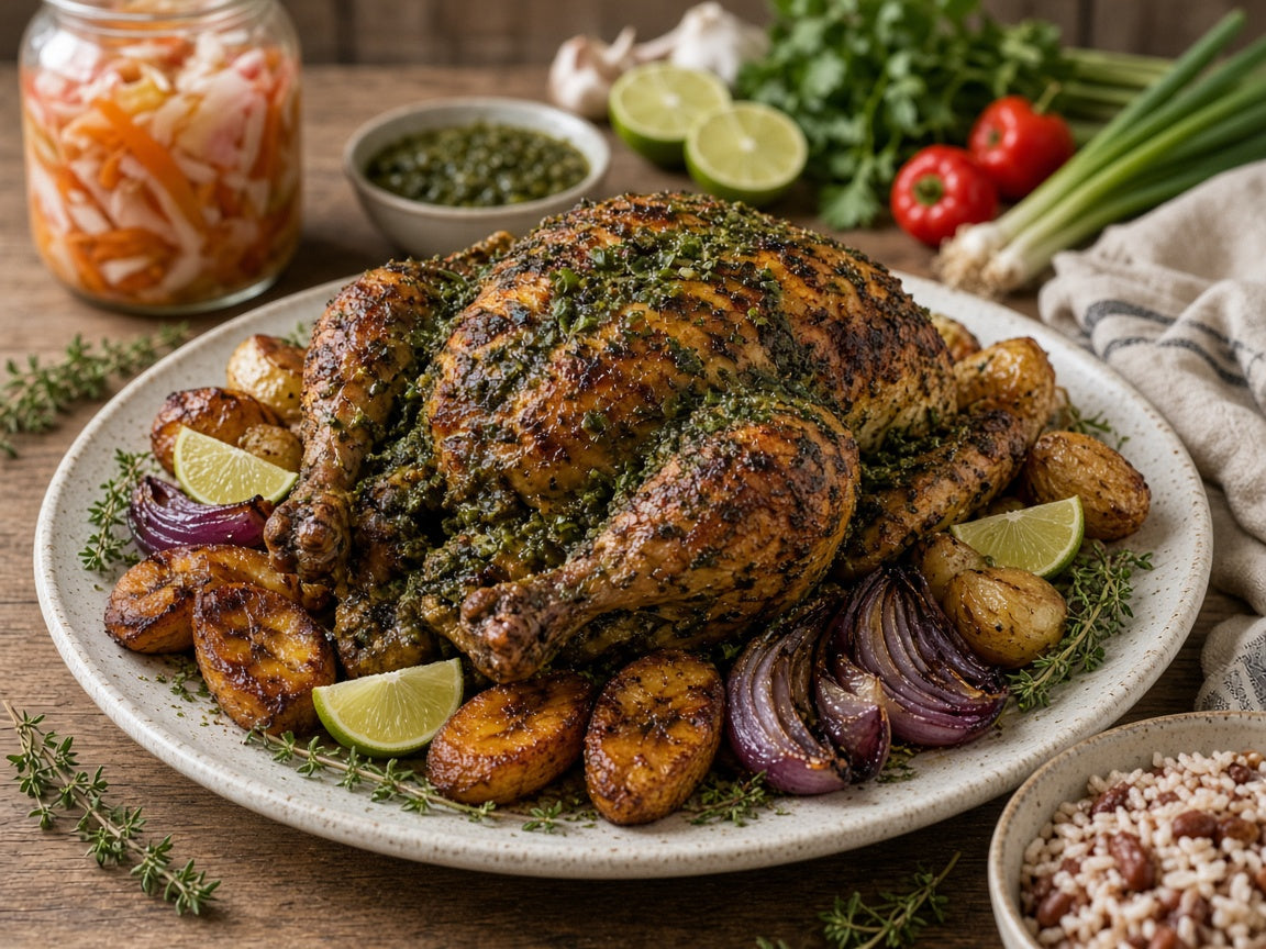 Haitian epis roast chicken on a serving platter with plantains, potatoes and red onions